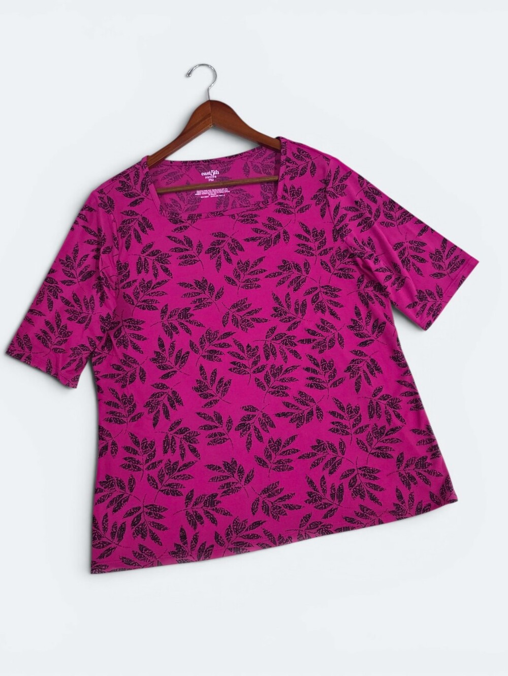 East 5th Petite Medium Square Neck Blouse Magenta Black Leaf Print Elbow Sleeve